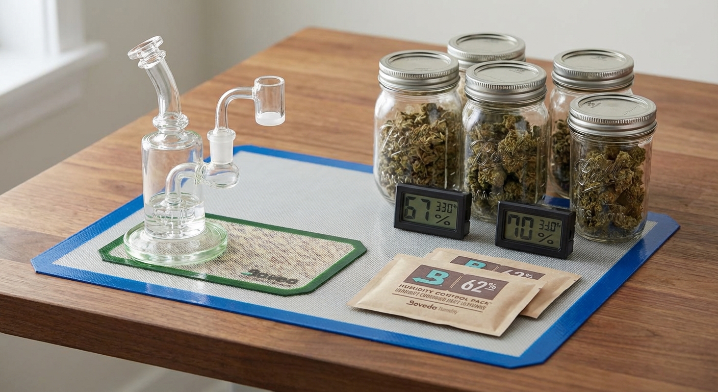 Small home stash setup with jars, hygrometers, Boveda packs, and a dab rig on a silicone dab mat