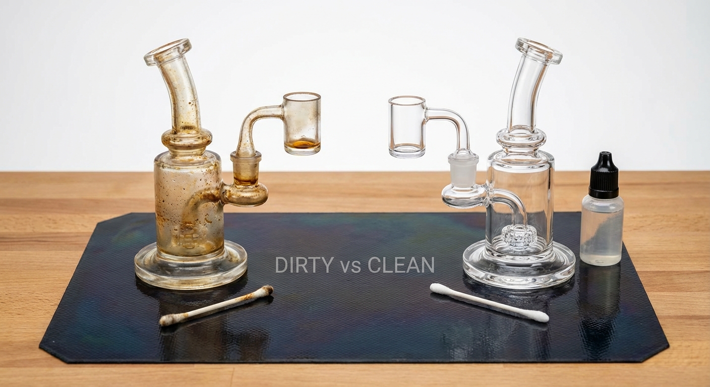 Dirty vs clean dab rig and banger side by side on an oil slick pad