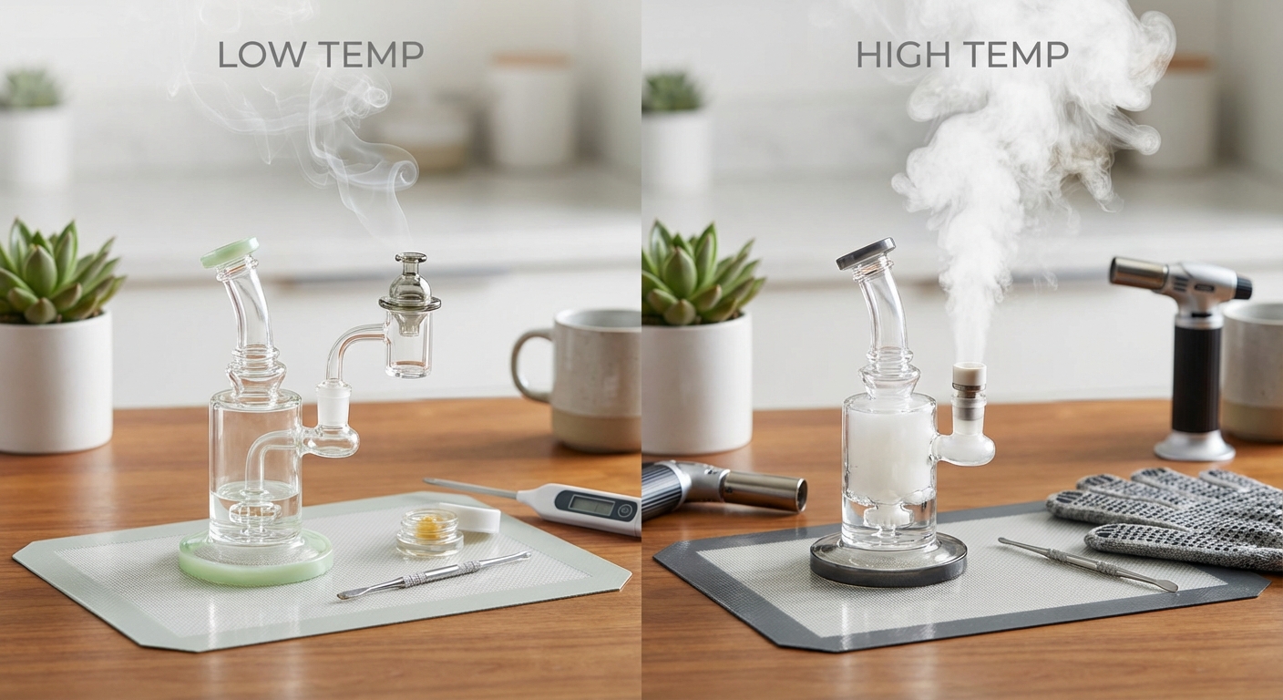 Split-screen graphic  low temp vs high temp clouds from a dab rig