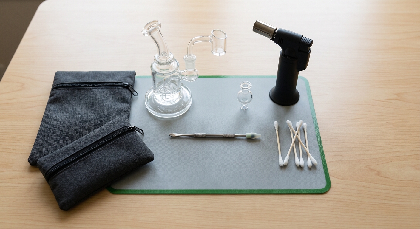 Overhead shot of a complete travel dab kit laid out on a table, including mini rig, torch, silicone mat, tools, and s...