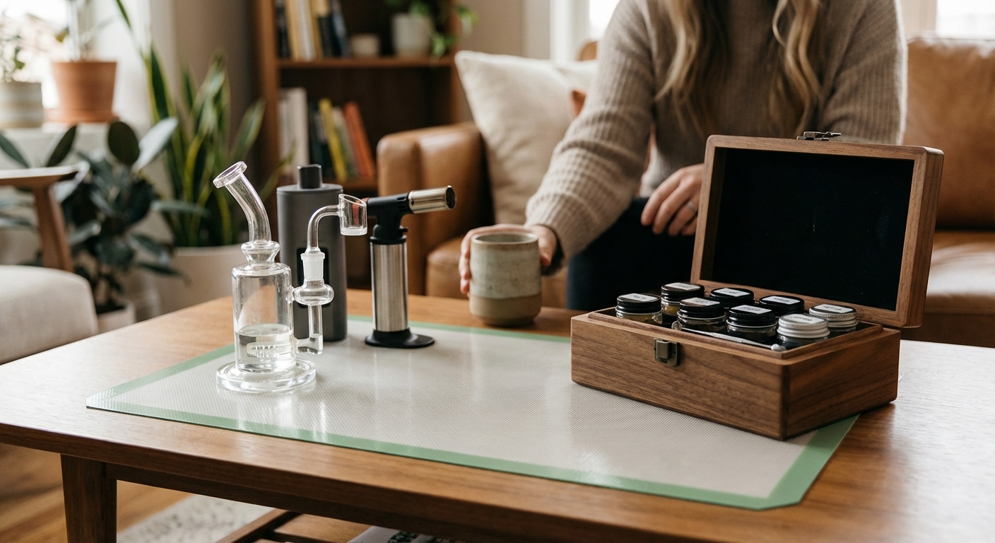 Full home dab station with a large silicone mat, rig, torch, personal smoke filter, and organized smell-proof storage...