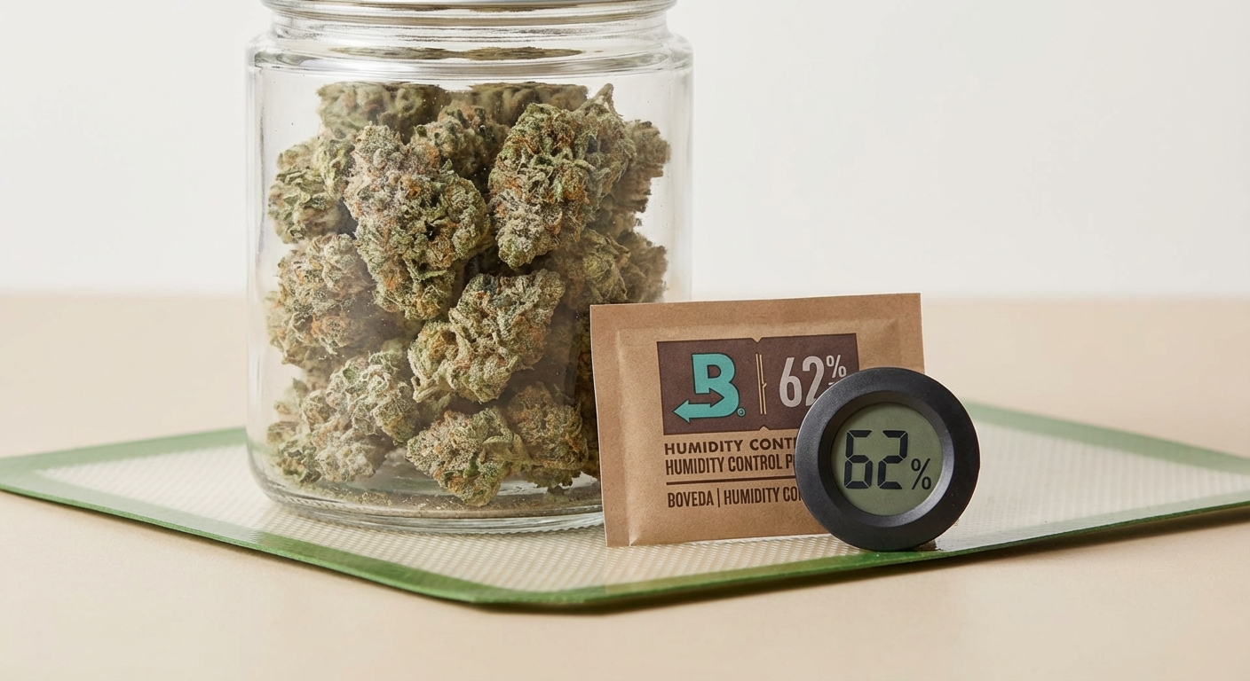 Close-up of frosty cannabis buds in a glass jar with a Boveda pack and mini hygrometer