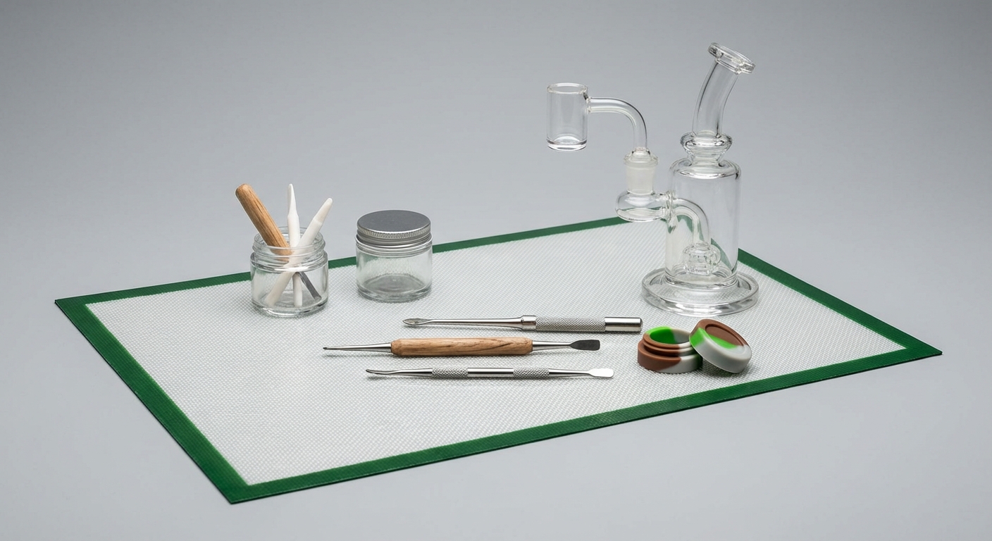 Close-up detail of a large rectangular silicone dab mat with a rig, jars, and tools arranged in separate sections