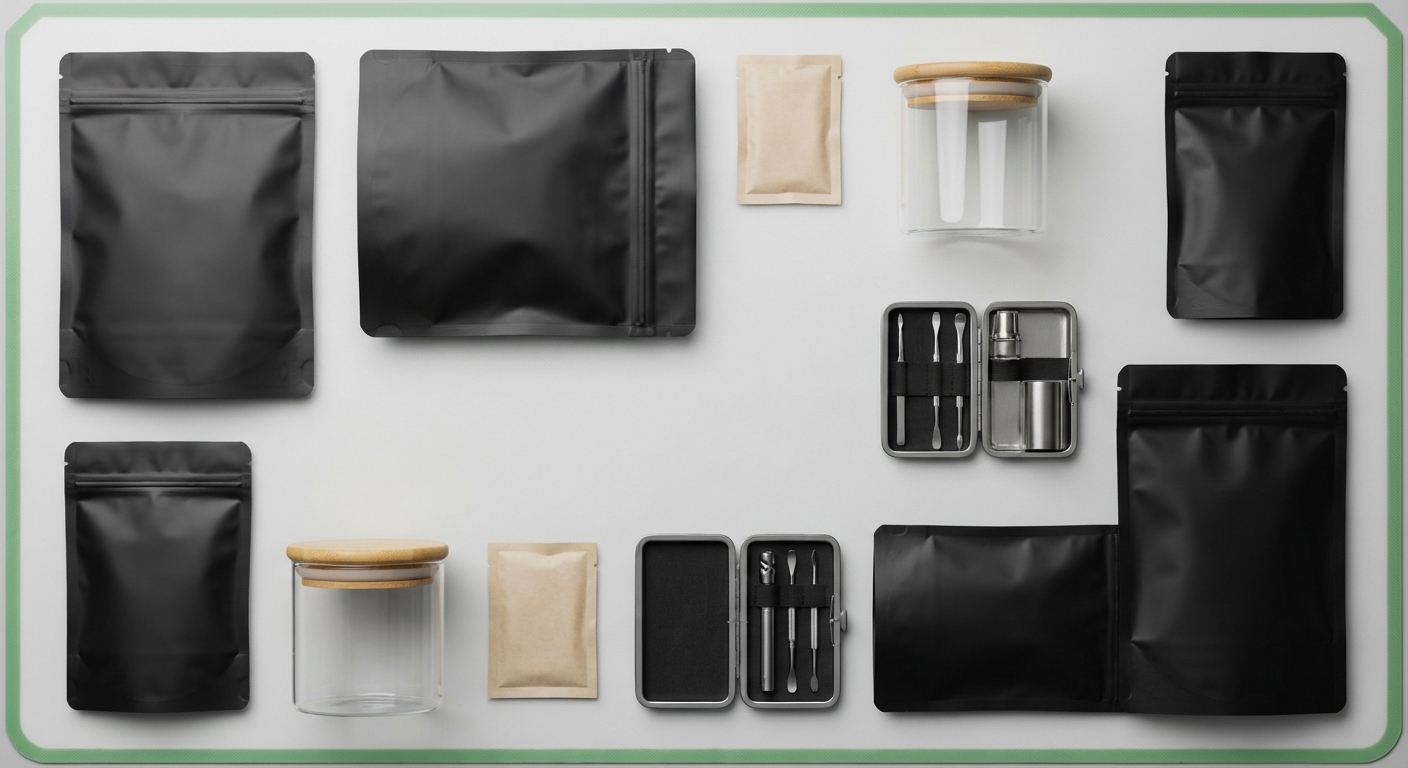 Flat lay of smell-proof bags, airtight jars, humidity packs, and a small travel dab kit on a clean silicone dab mat