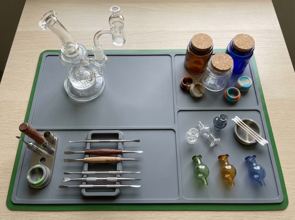 Overhead shot of a large silicone dab mat with a rig, carb caps, jars, and tools arranged in sections,  an organized ...