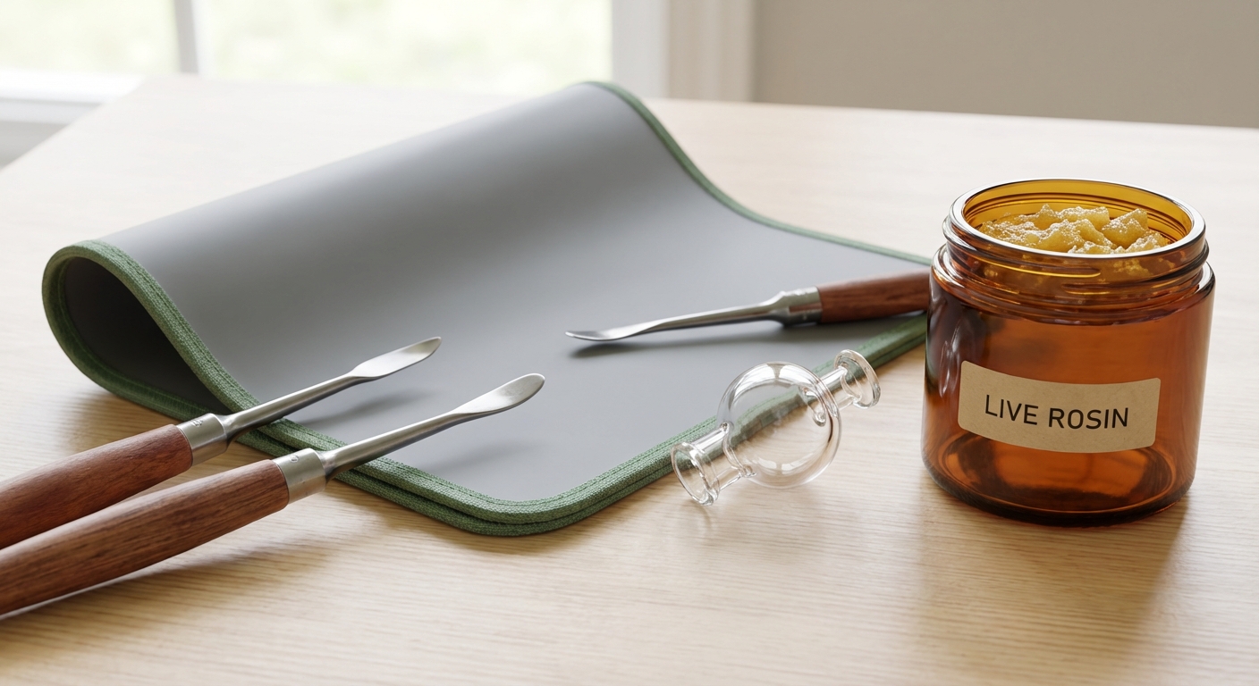 Close shot of an Oil Slick Pad with dab tools, carb cap, and a small jar of live rosin