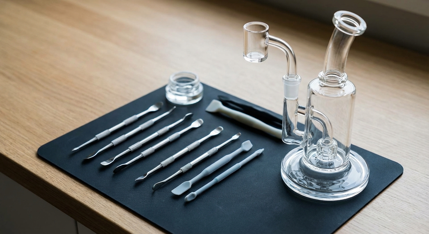 Perfectly clean tools arranged neatly on an oil slick pad next to a clean glass dab rig
