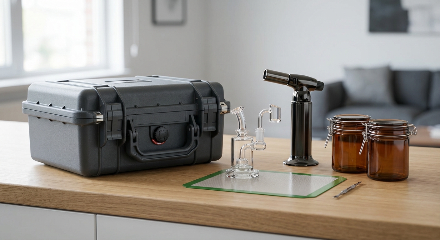 Closed smell proof hard case next to a mini rig, torch, and jars ready to be packed