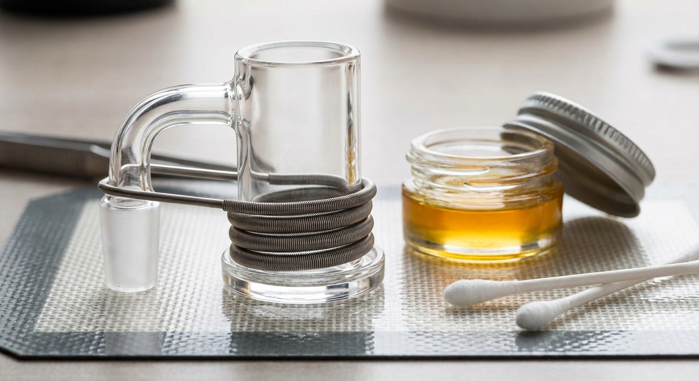 Macro shot of a clean quartz banger on an e-nail coil, with Q-tips and a small jar of rosin on a wax pad nearby
