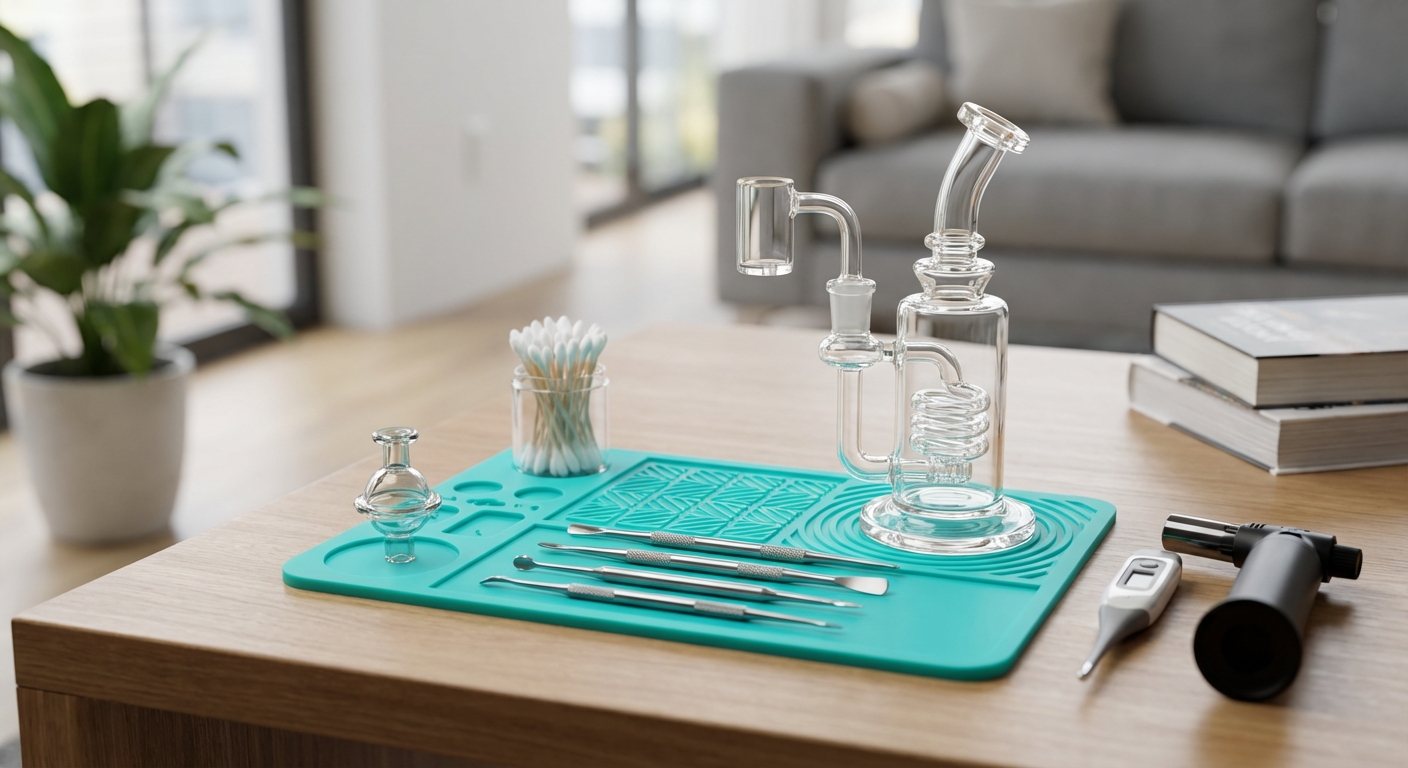Finished dab station with clean tools neatly laid out on a bright silicone oil slick pad next to a fresh glass dab rig
