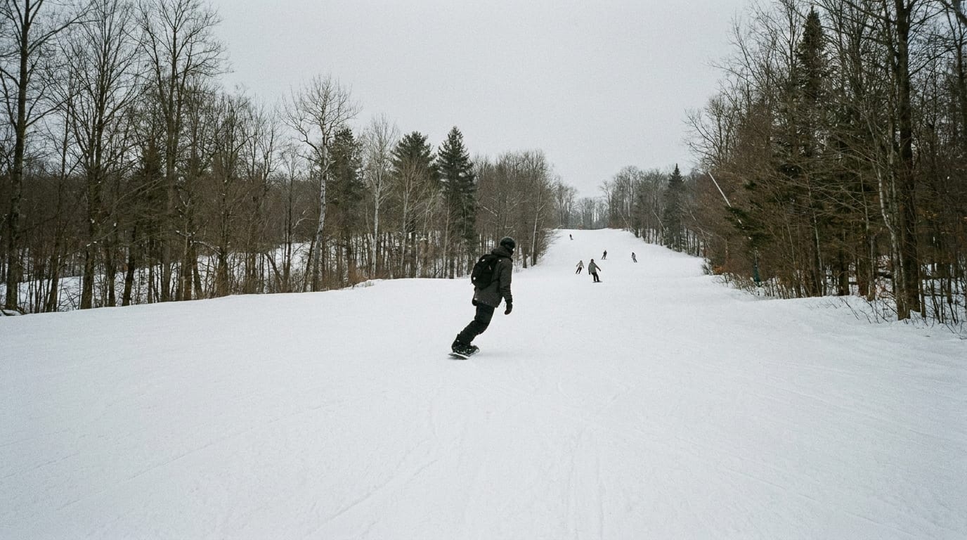Snowboard carving on a firm groomed run