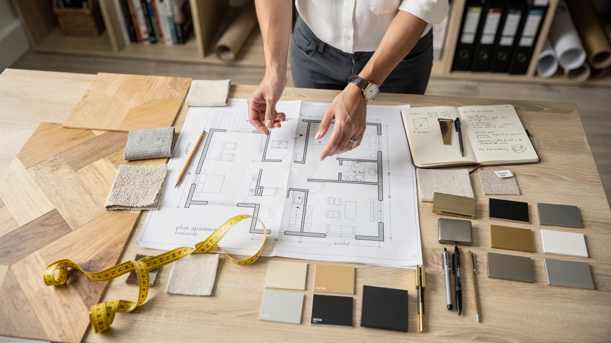 Un arhitect interior analizează un plan de apartament pe masă, alături de mostre de parchet, textile, vopsea și metal, cu un caiet de notițe și ruletă, sugerând procesul de proiectare și selecție de materiale.
