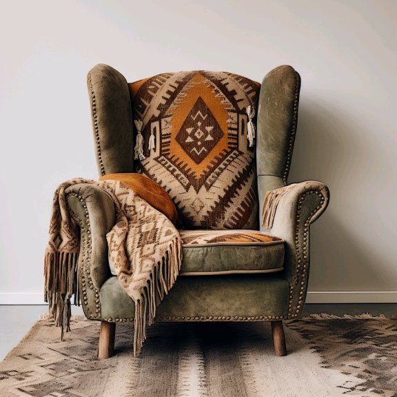 Custom upholstered armchair with kilim fabric