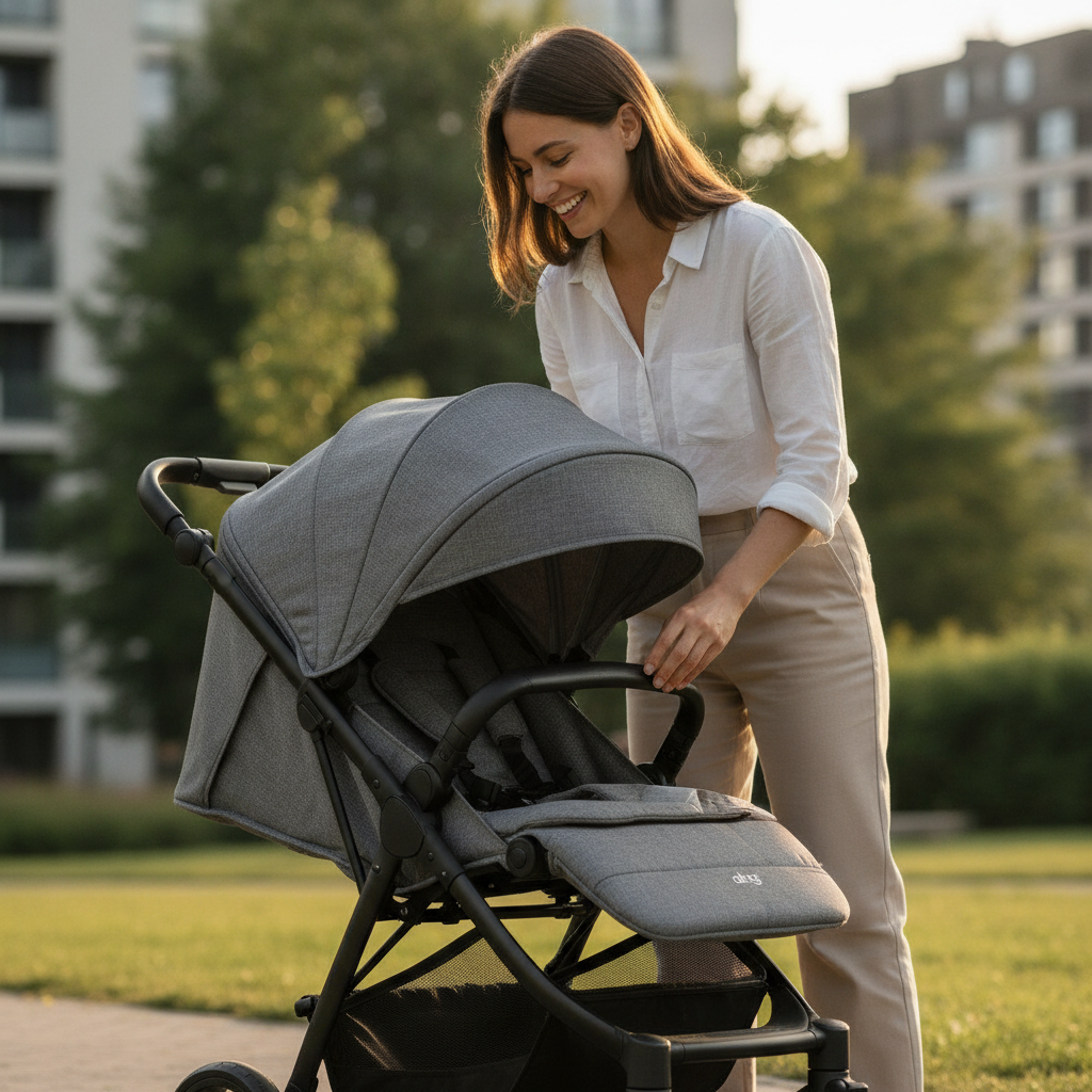 Poussette Ping compacte transformée avec accessoires, utilisée par une mère en parc urbain