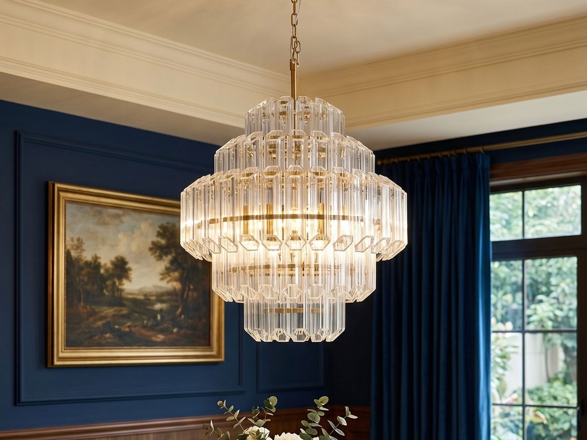JINSHE Aurum Cascade chandelier suspended above walnut dining table with navy wainscoting and crystal tableware