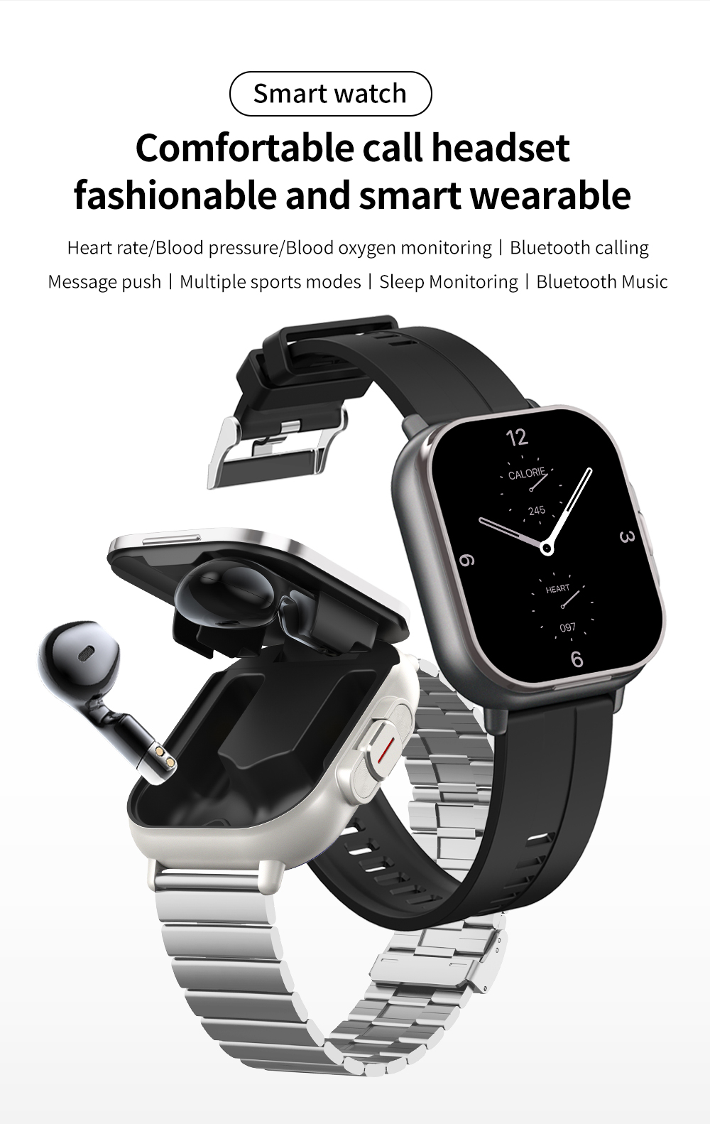 506 Smart Watch T01 attraction reasons four core functions earbuds watch two-in-one innovative flip design wellness tracking multi-sport modes bluetooth calling silver metal case black silicone strap