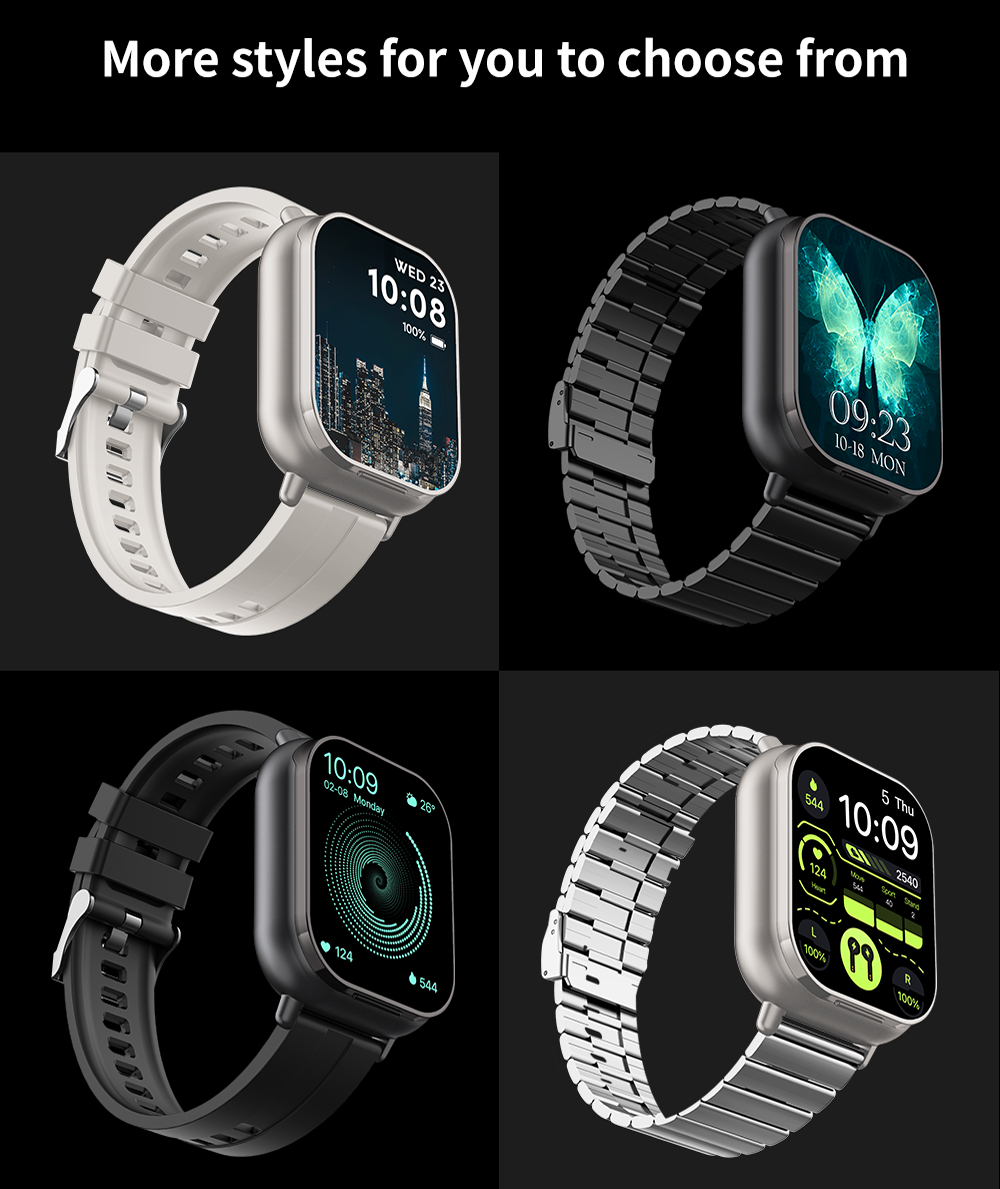 506 Smart Watch T01 more style choices four different combinations white black silicone strap silver black stainless steel strap personalized watch faces multiple display options