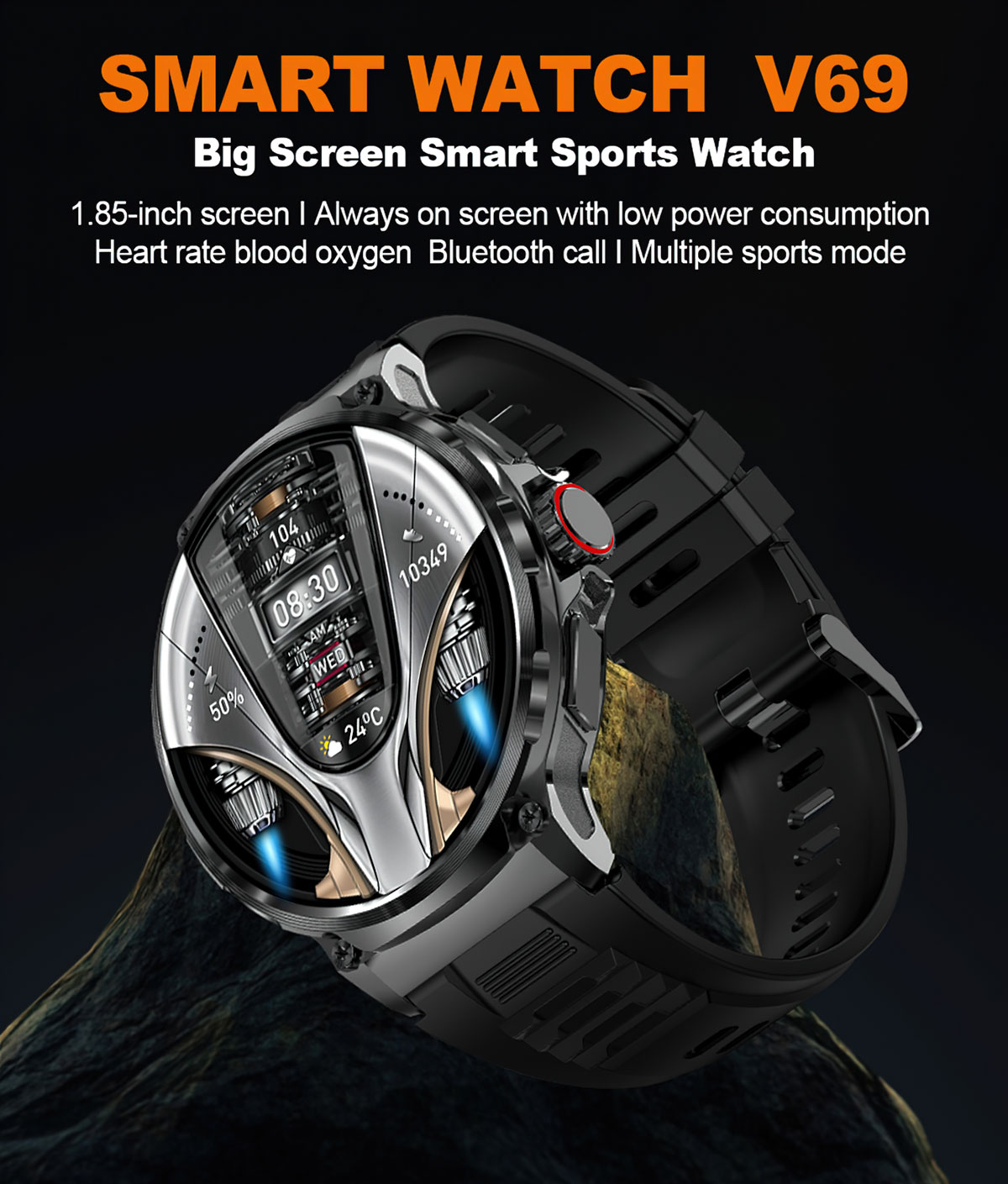 505 Smart Watch V69 large screen smart sports watch featuring 1.85-inch screen always-on display low power consumption comprehensive wellness monitoring bluetooth calling multiple sports modes silver metal case black silicone strap