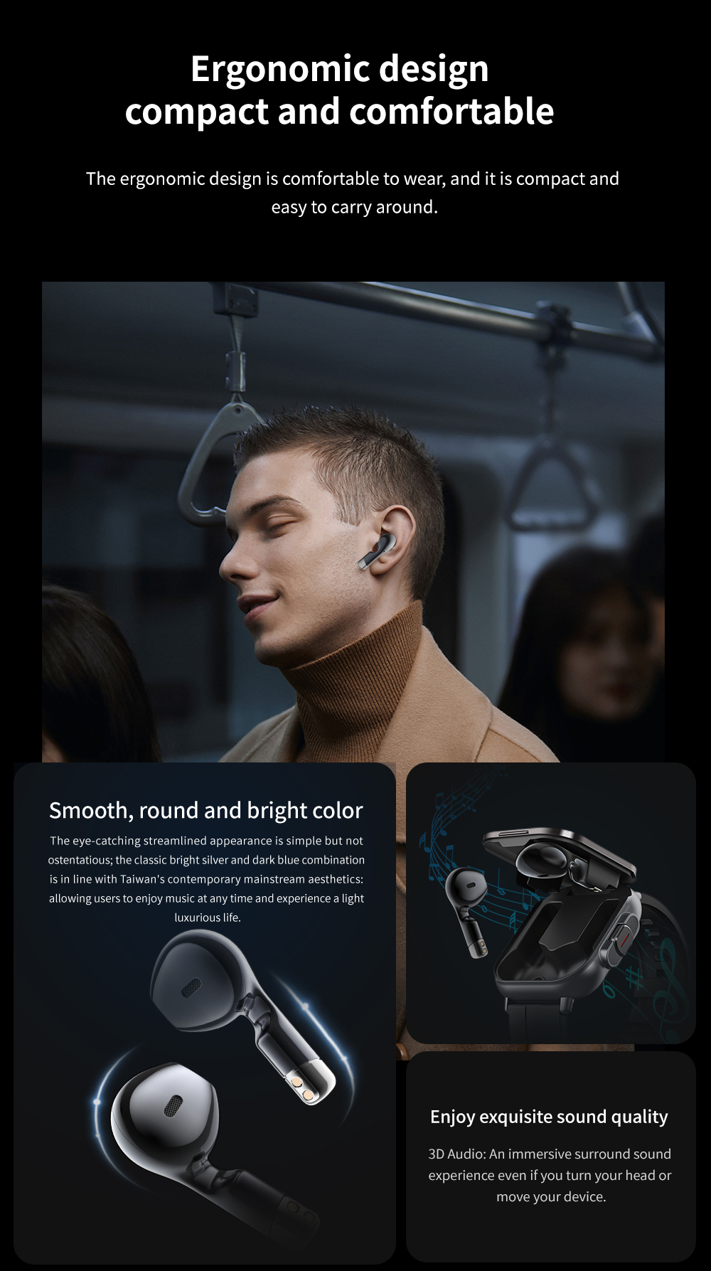 506 Smart Watch T01 ergonomic design compact comfortable streamlined appearance 3d audio immersive surround sound experience exquisite sound quality lightweight construction