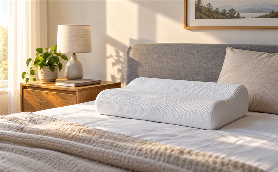 Ergonomisches Kissen auf einem Bett als Beispiel für die Prüfung der Liegeposition
