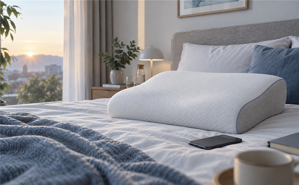 Ergonomisches Kissen und Smartphone auf einem Bett bei Tageslicht